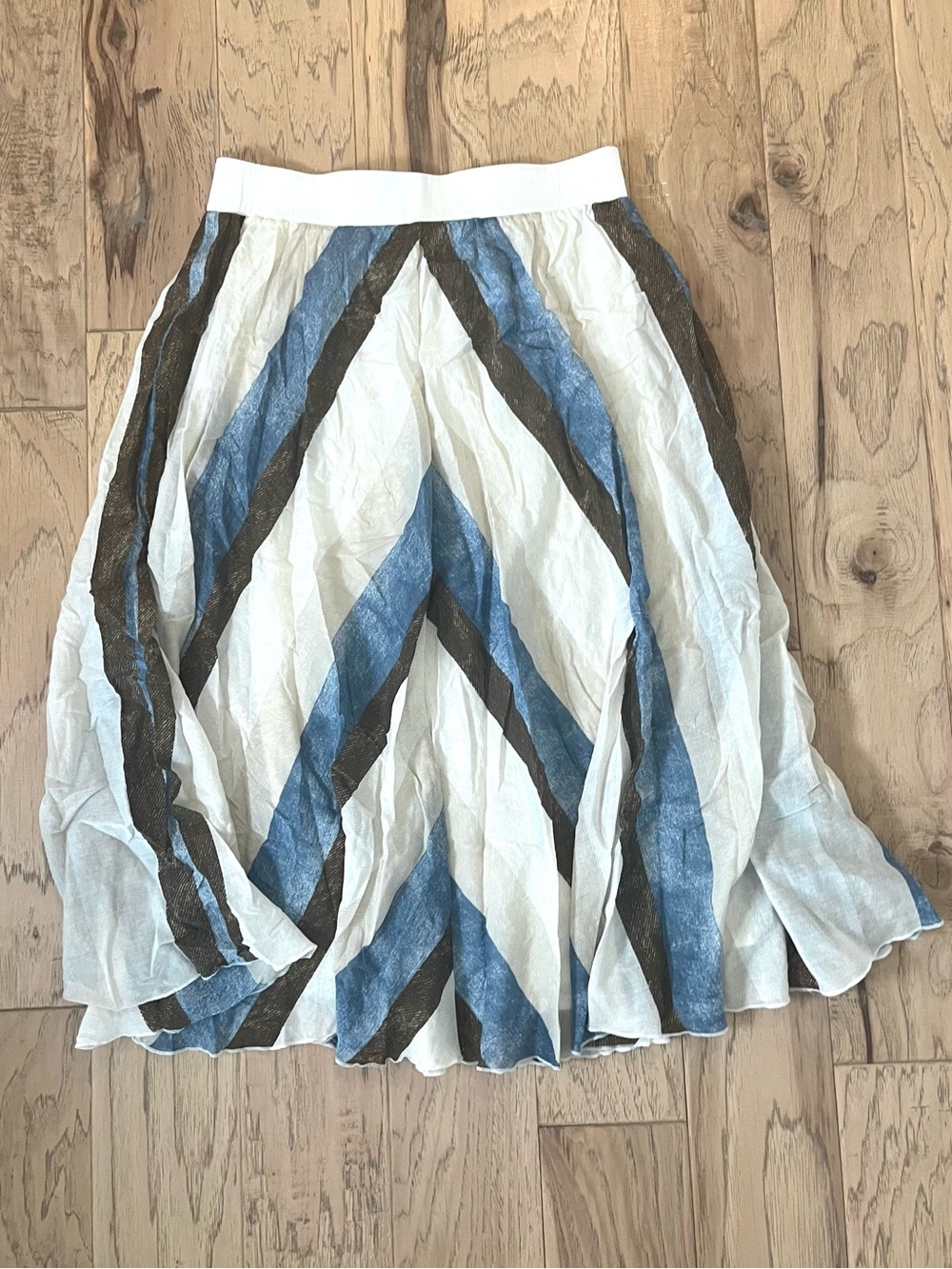 Chico's White Circle Skirt with Blue and Brown Chevron Stripes